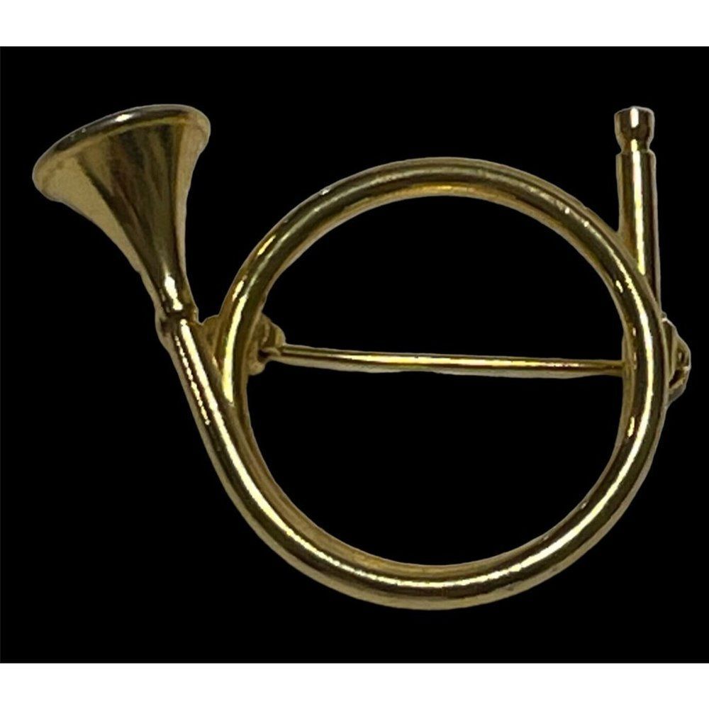 gold tone metal French Horn Christmas Brooch Pin Musical Instrument